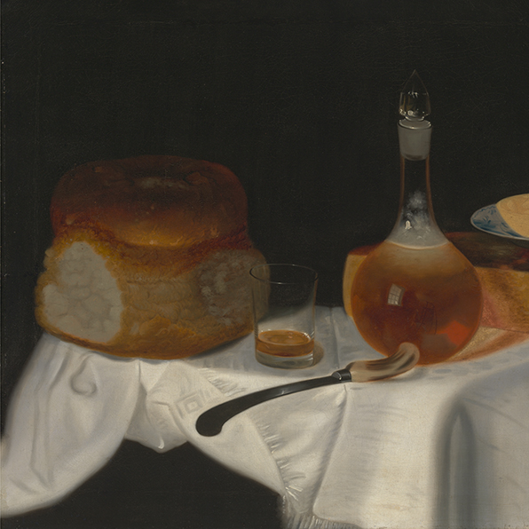 An 18th century still life painting of bread, cheese, butter, and a decanter full of amber liquid.